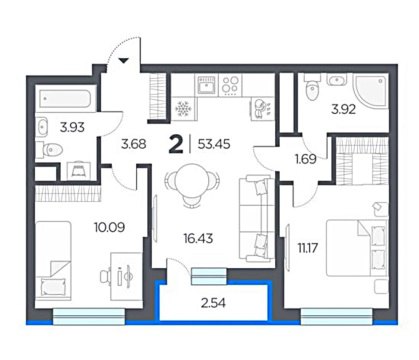 2-к квартира, 14/18 эт., 53м²